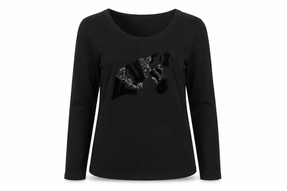 French Connection Women's Black Sequin Long Sleeve T-Shirt