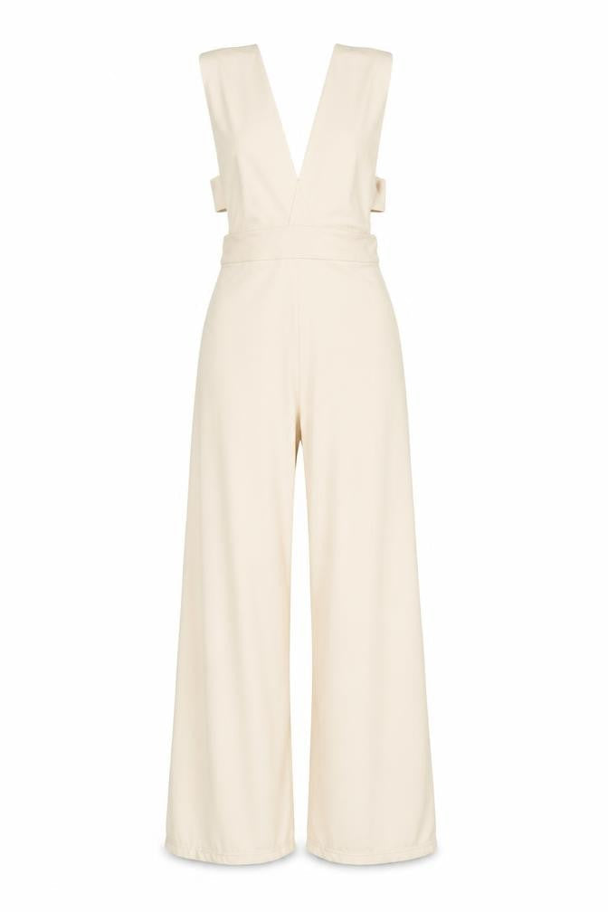 Oh Polly Beige Wide-Leg Jumpsuit, Size 8, Elegant V-Neck