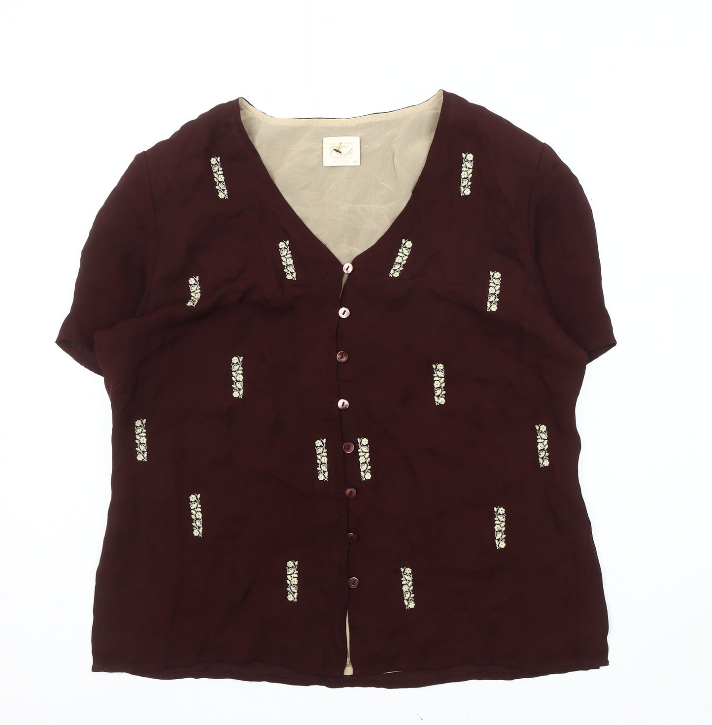 Country Casuals Women's Red Silk Embroidered Blouse - Size 14