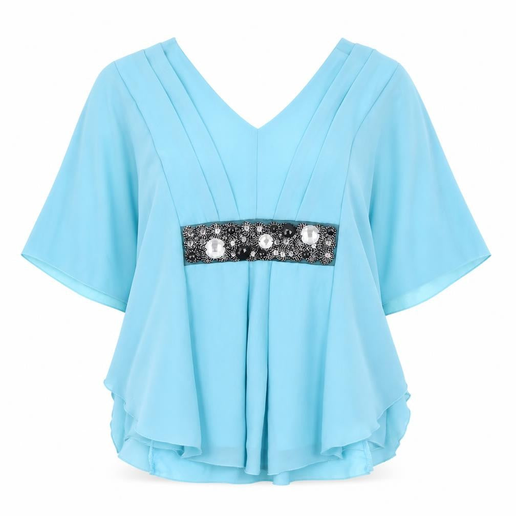 Apricot Women's Blue V-Neck Embellished Blouse Size 12