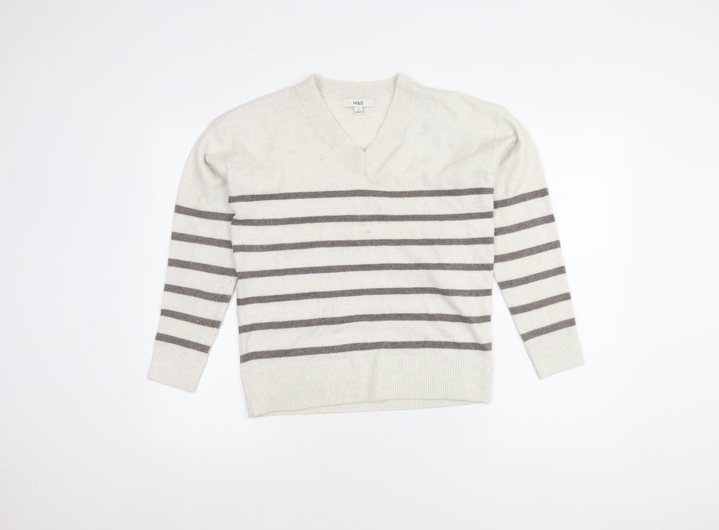 Marks and Spencer Women’s White Striped V-Neck Pullover Jumper