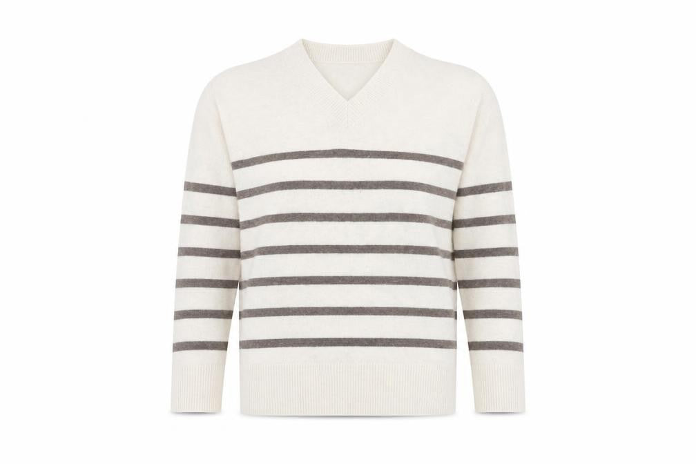 Marks & Spencer Women’s White Striped V-Neck Pullover Jumper