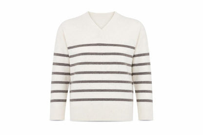 Marks & Spencer Women’s White Striped V-Neck Pullover Jumper