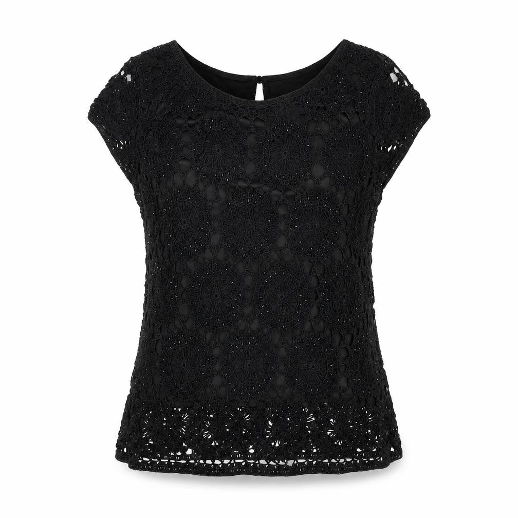 Wallis Black Women's Crochet Blouse - L, Casual Short Sleeve