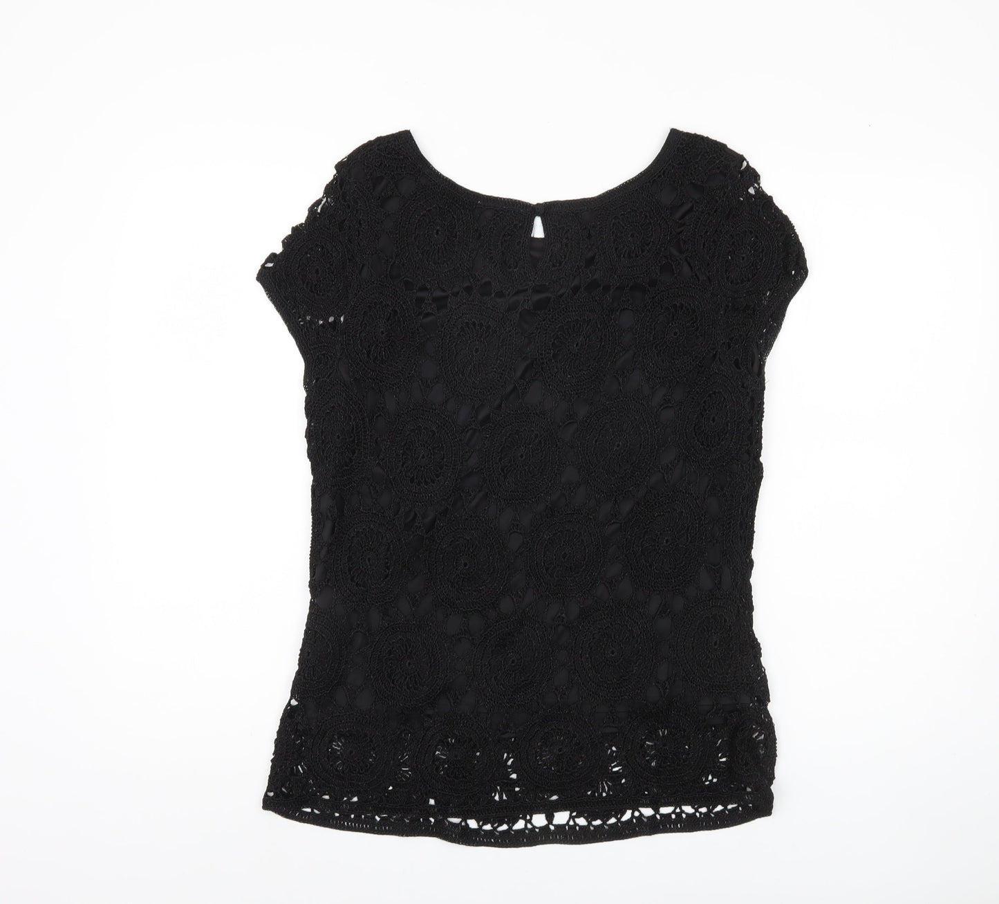 Wallis Black Women's Crochet Blouse - L, Casual Short Sleeve