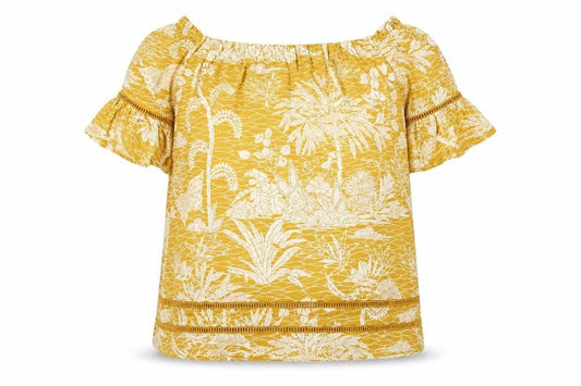 Front view of Next Women's Yellow Off Shoulder Floral Top, size 14