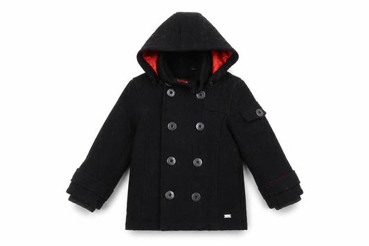 Front view of Baker boys’ black pea coat, 5 years, hooded, double-breasted