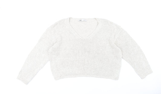Zara Women's Beige V-Neck Chunky Knit Pullover - Size M