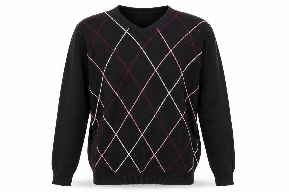 La Vie Men's Black Argyle V-Neck Pullover, L