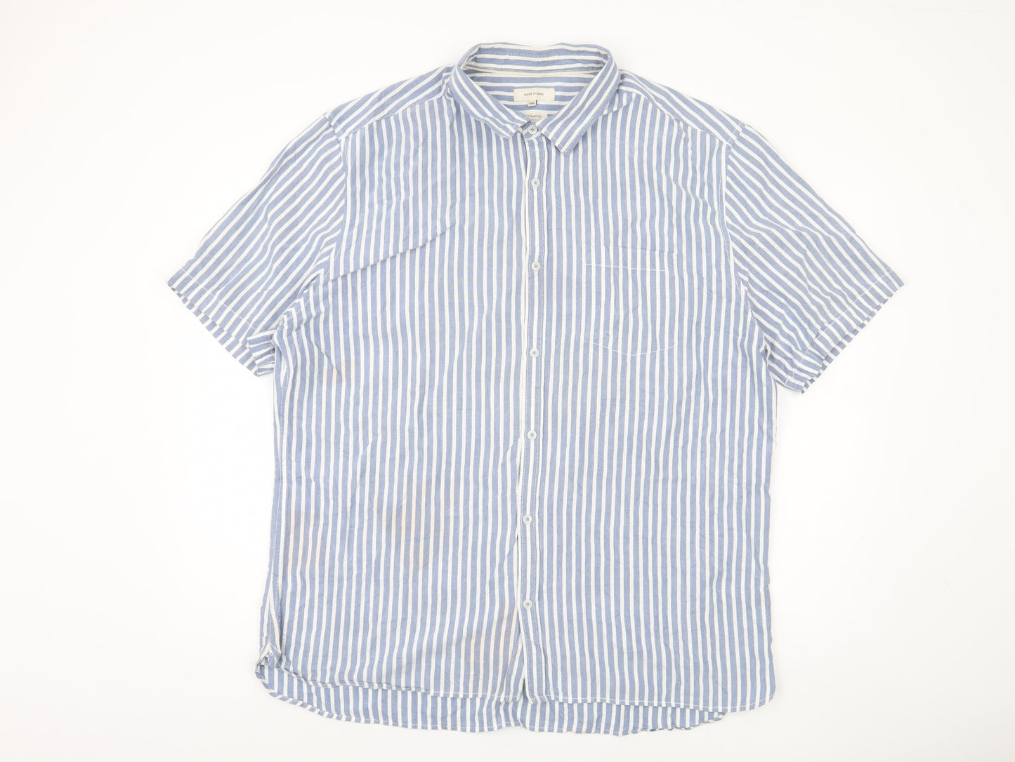 River Island Men's Blue Striped Short Sleeve Shirt - 2XL