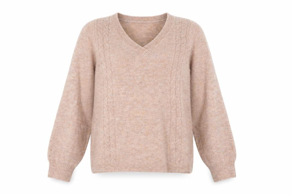 Fransa Women's Beige Cable-Knit V-Neck Jumper XS