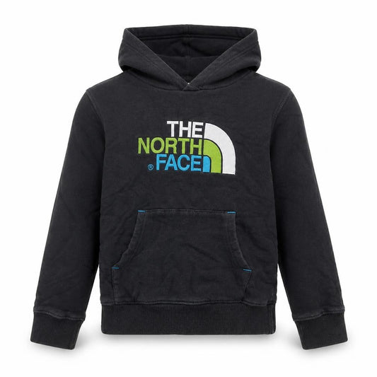 Front view of North Face boys’ black hoodie, size S, cotton pullover