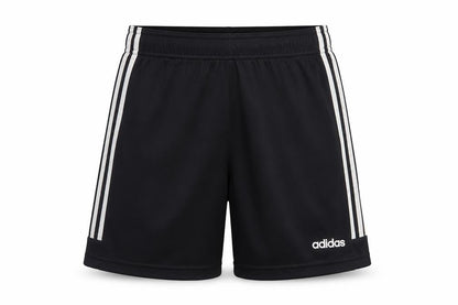 Front view of Adidas boys’ black xl athletic shorts with stripes