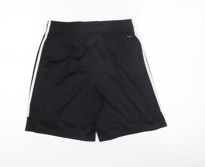 Back view of Adidas boys’ black xl athletic shorts with stripes