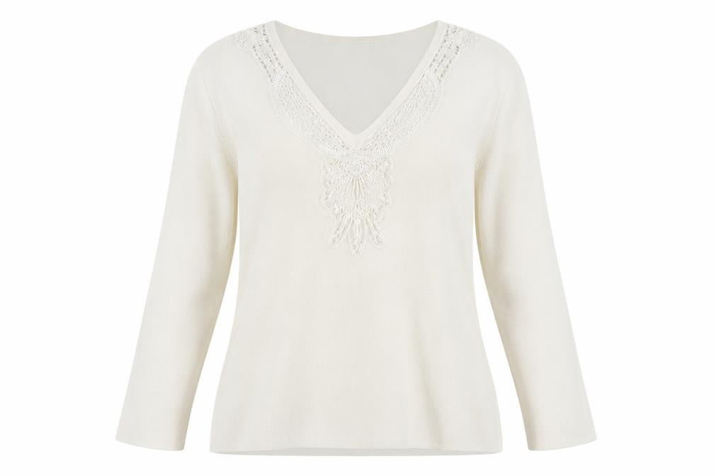 SKYdesigns Women's Ivory V-Neck Crochet Jumper