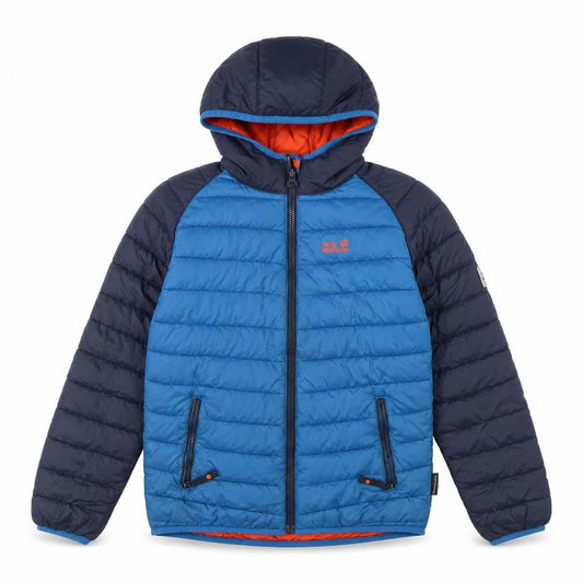 Front view of Jack Wolfskin boys’ blue hooded puffer jacket, size 24