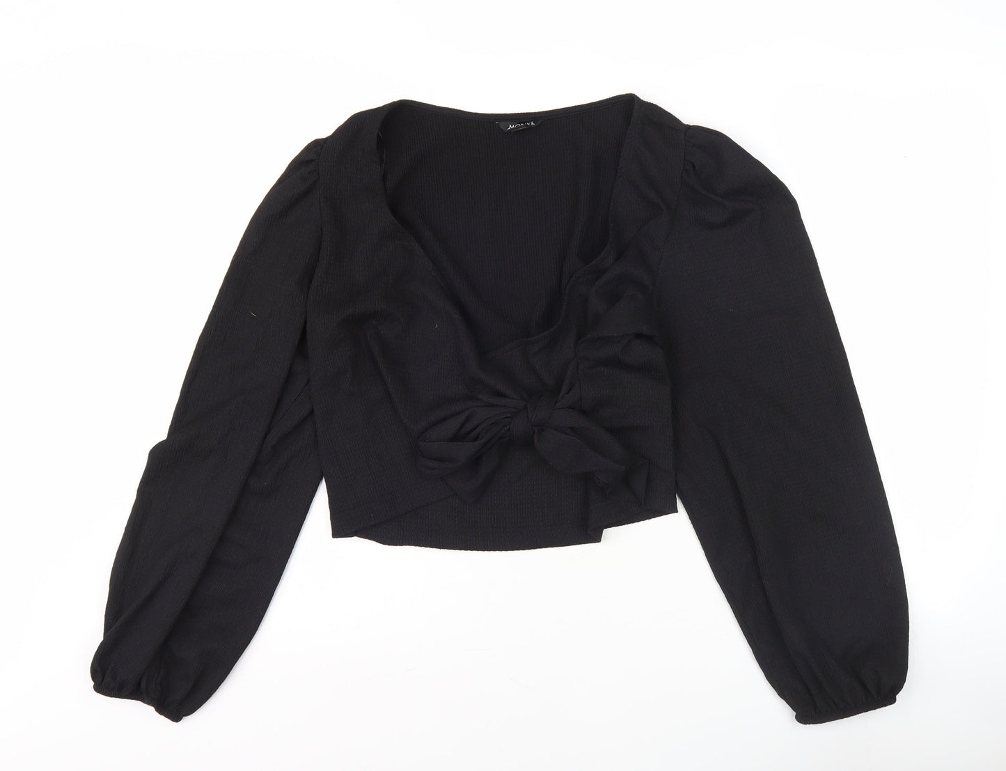 Monki Women's Black Wrap Blouse, L, Bow Accent
