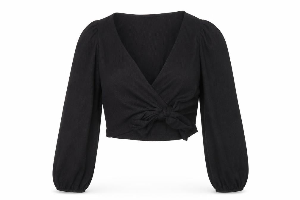 Monki Women's Black Wrap Blouse, L, Bow Accent