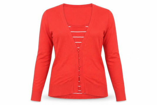 Front view of Linea Women's Red Cardigan, size M