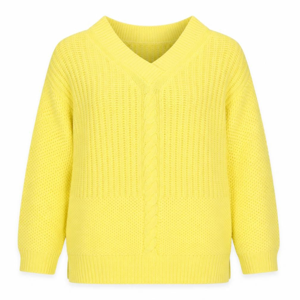 TU Women's Yellow V-Neck Cable Knit Jumper Size 12
