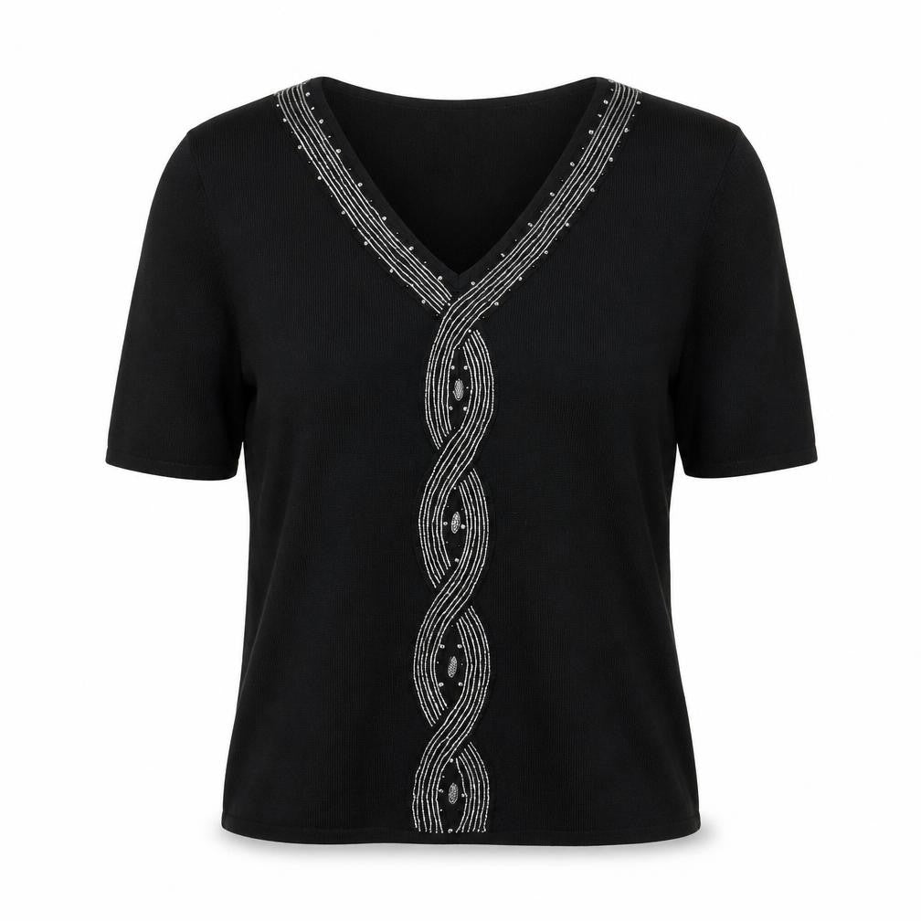 Avant Garde Women's Black V-Neck Beaded Jumper S