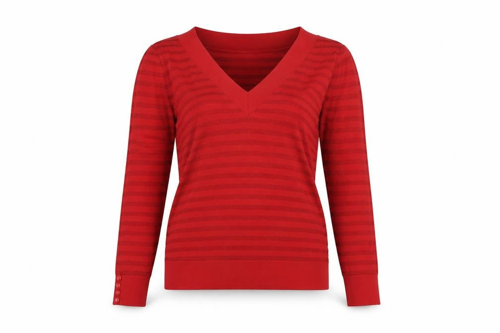 Marks & Spencer Women Red V-Neck Striped Pullover Jumper