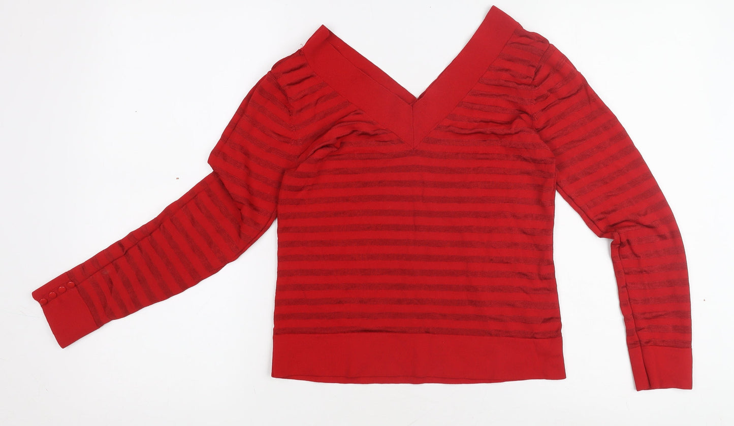 Marks and Spencer Women Red V-Neck Striped Pullover Jumper