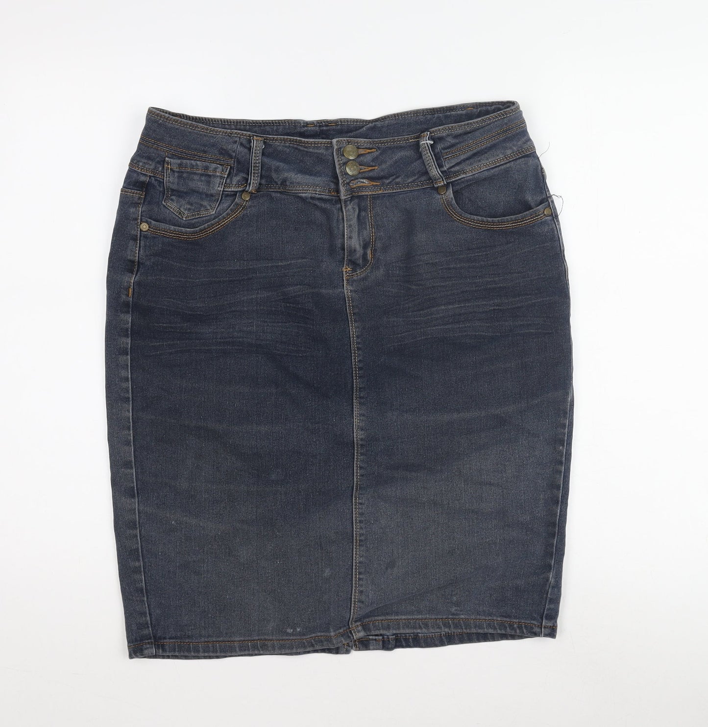 24 Seven Women's Blue Denim Pencil Skirt, Size 10, Casual Style