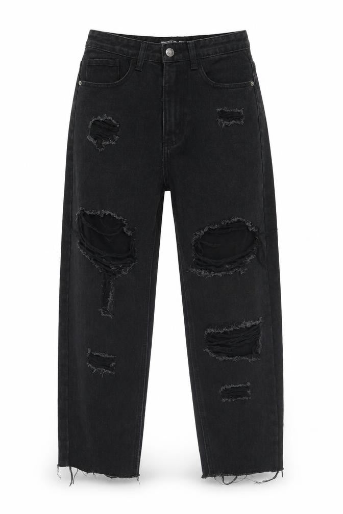PRETTYLITTLETHING Women's Black Mom Distressed Jeans Size 8