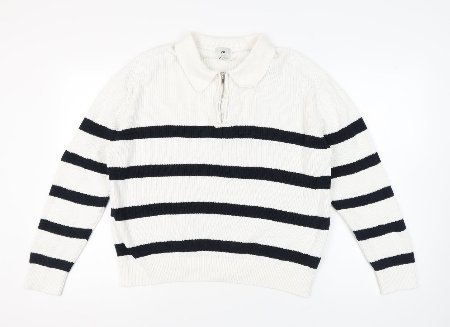H&M Women's White Striped Full Zip Collared Jumper L