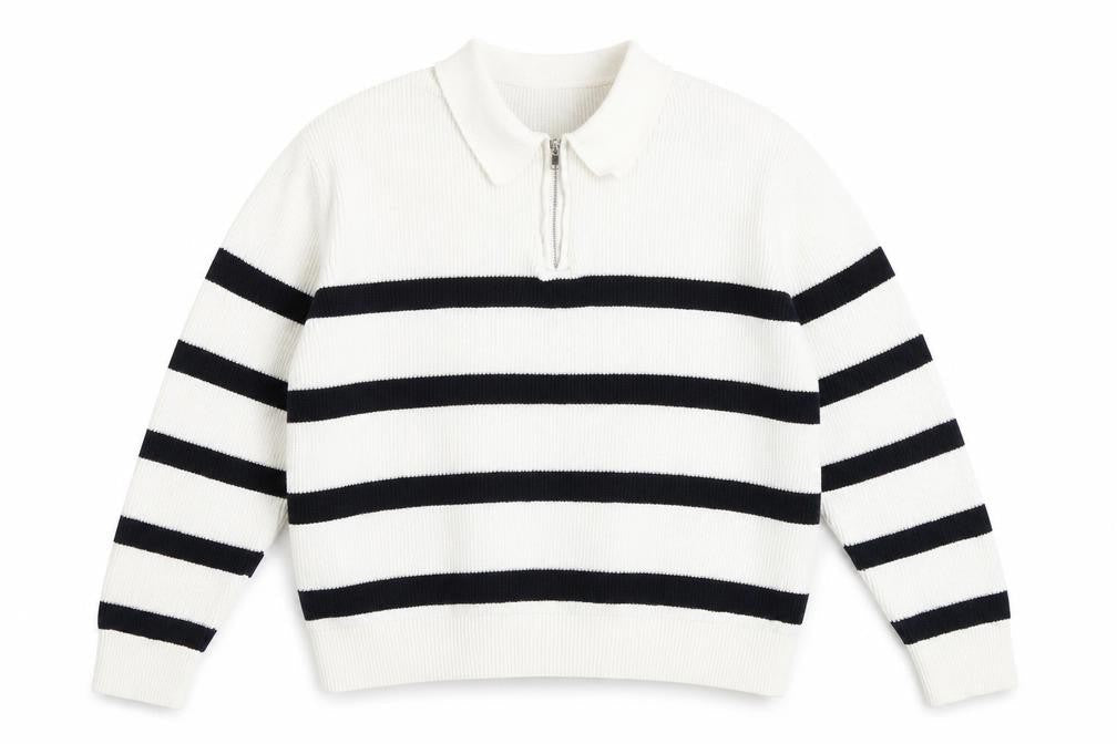 H&M Women's White Striped Full Zip Collared Jumper L
