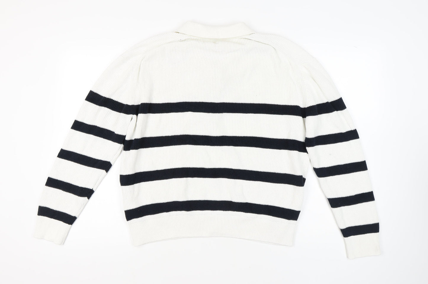 H&M Women's White Striped Full Zip Collared Jumper L