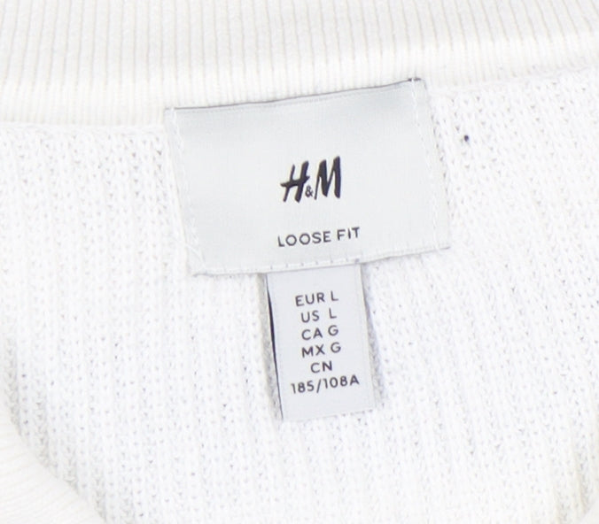 H&M Women's White Striped Full Zip Collared Jumper L