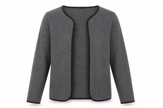 Front view of Only Women's Grey Open Front Cardigan L, Geometric Design