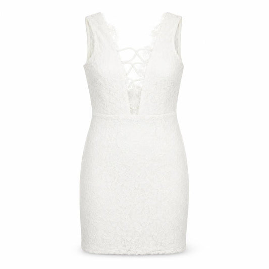 Front view of Missguided women’s ivory short sheath dress, size UK 8