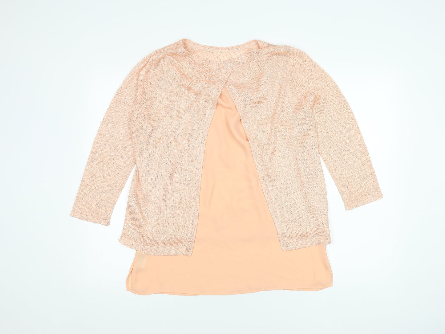 Monsoon Women's Peach Sequin 3/4 Sleeve Top Size 14