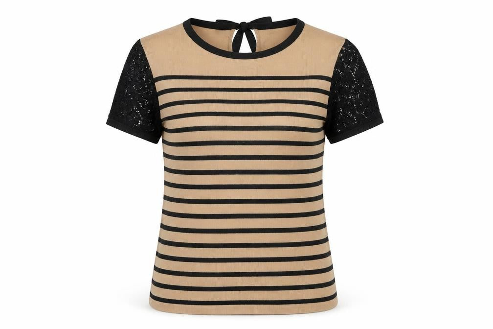 Marks & Spencer Women's Striped T-Shirt Black Beige 14