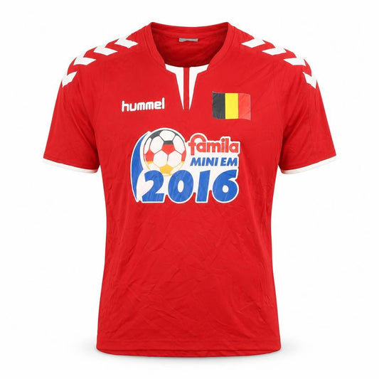 Front view of Hummel boys’ red football jersey, size 16, short sleeve