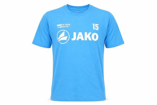 Front view of Jako Men's Blue XS Jersey T-Shirt with Logo