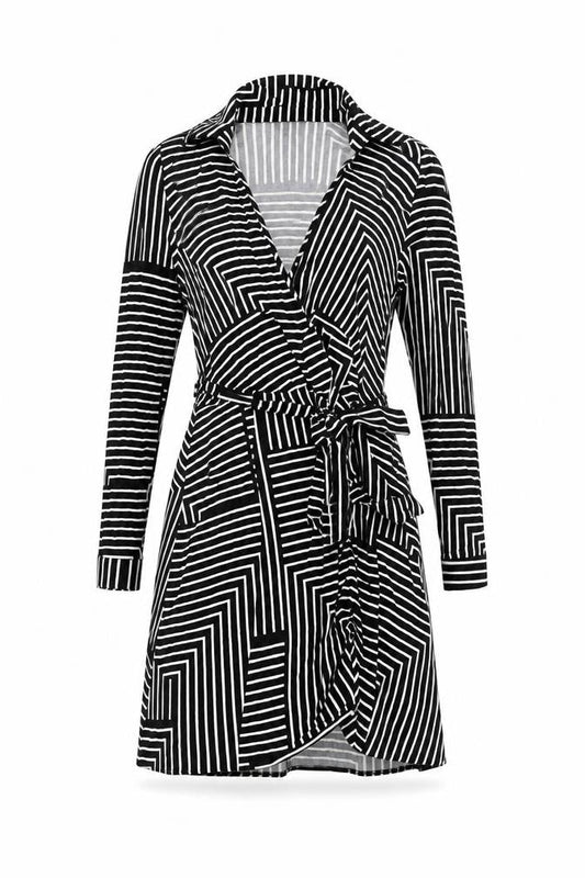 Front view of New Look Women's Black Striped Wrap Dress, size 8