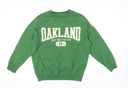 Additional front view of H&M girls’ green graphic sweatshirt, size 12-13y pullover