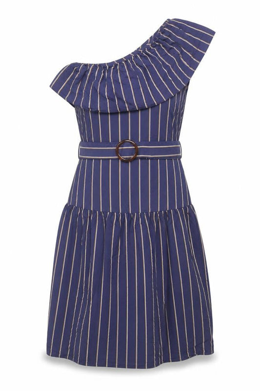Topshop Women Blue Striped Dress, Size 10, Belted