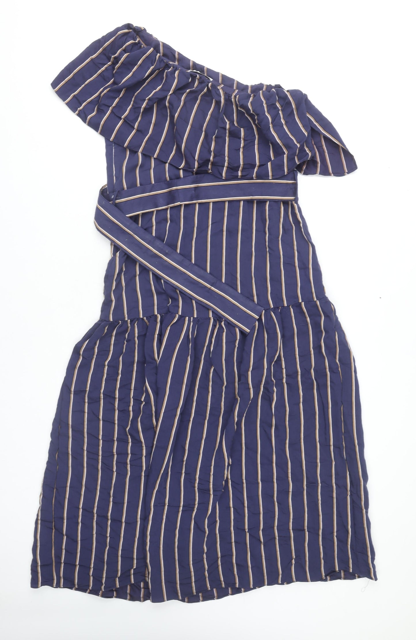 Topshop Women Blue Striped Dress, Size 10, Belted