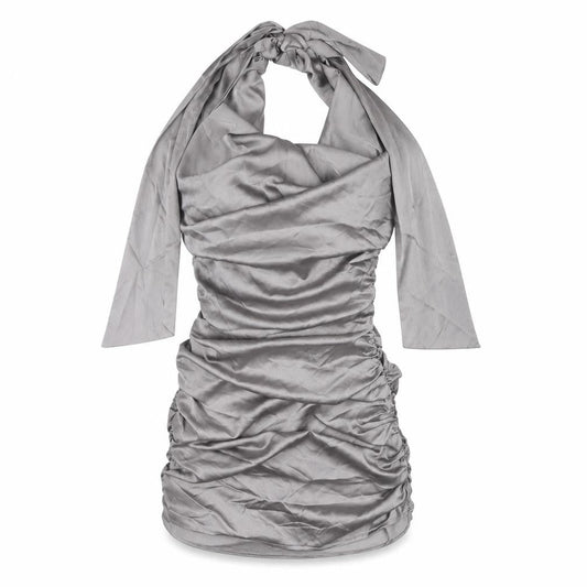 Front view of PRETTYLITTLETHING Women's Grey Halter Bodycon Dress, size 8