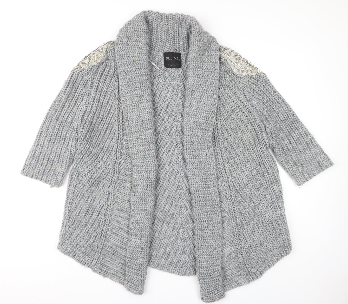 Zara Women's Grey Open Front Cardigan Size 12 with Beaded Accents