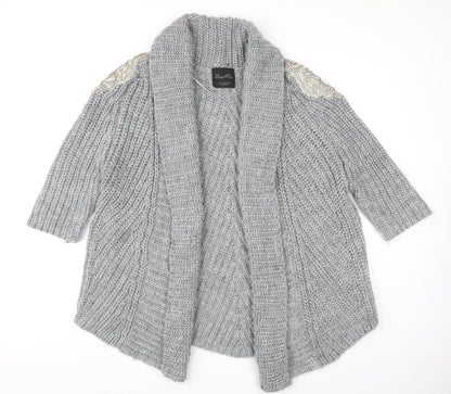 Zara Women's Grey Open Front Cardigan Size 12 with Beaded Accents