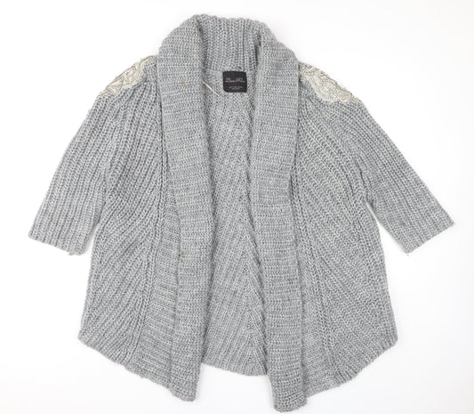 Zara Women's Grey Open Front Cardigan Size 12 with Beaded Accents