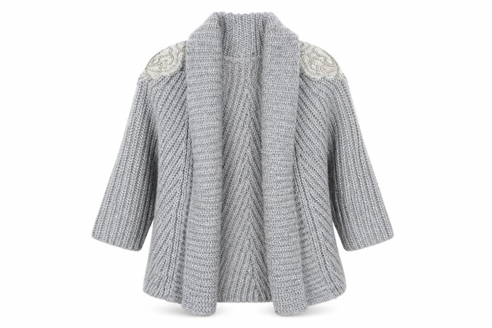 Zara Women's Grey Open Front Cardigan Size 12 with Beaded Accents
