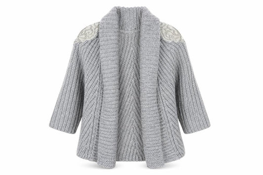 Zara Women's Grey Open Front Cardigan Size 12 with Beaded Accents