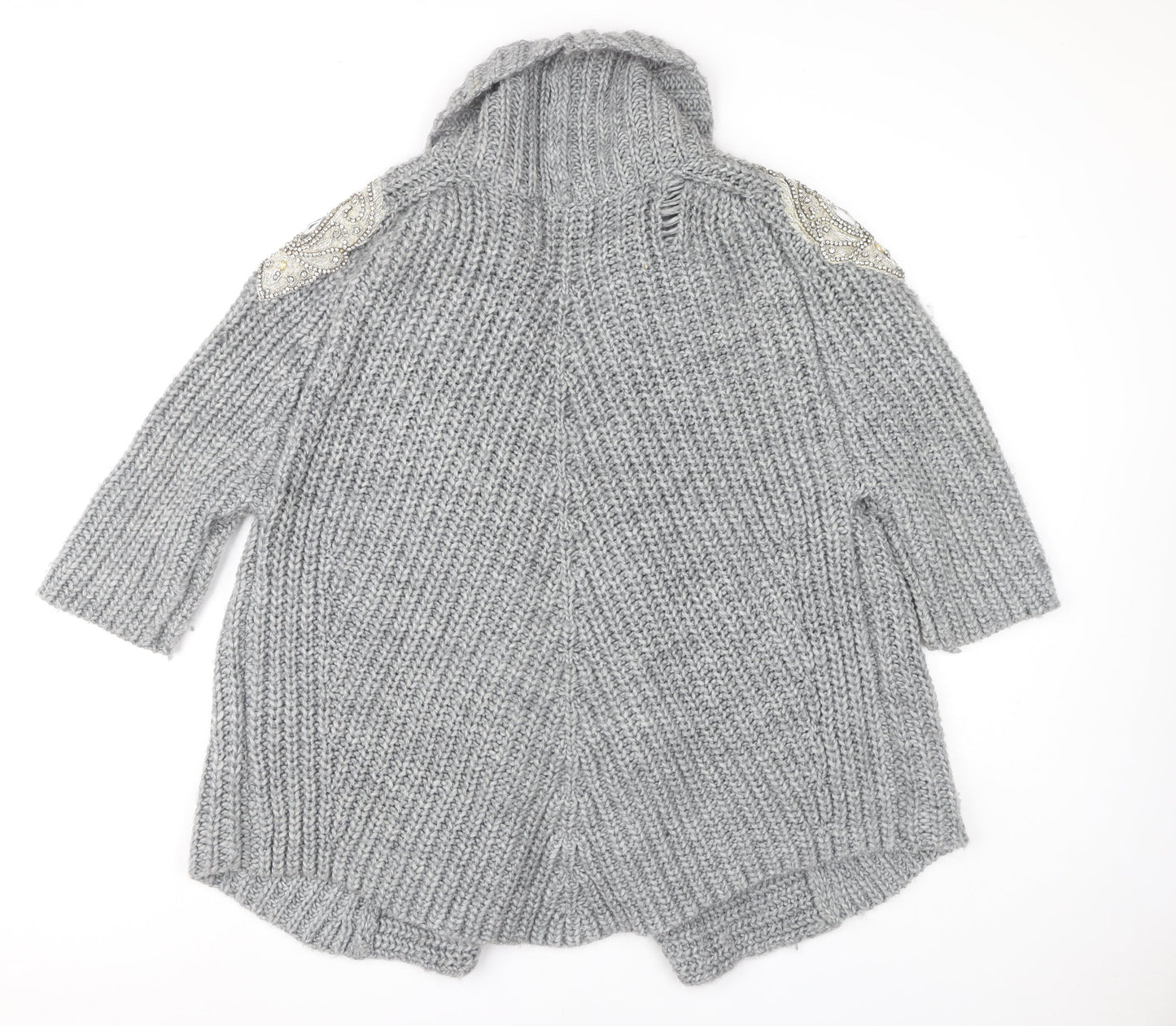 Zara Women's Grey Open Front Cardigan Size 12 with Beaded Accents